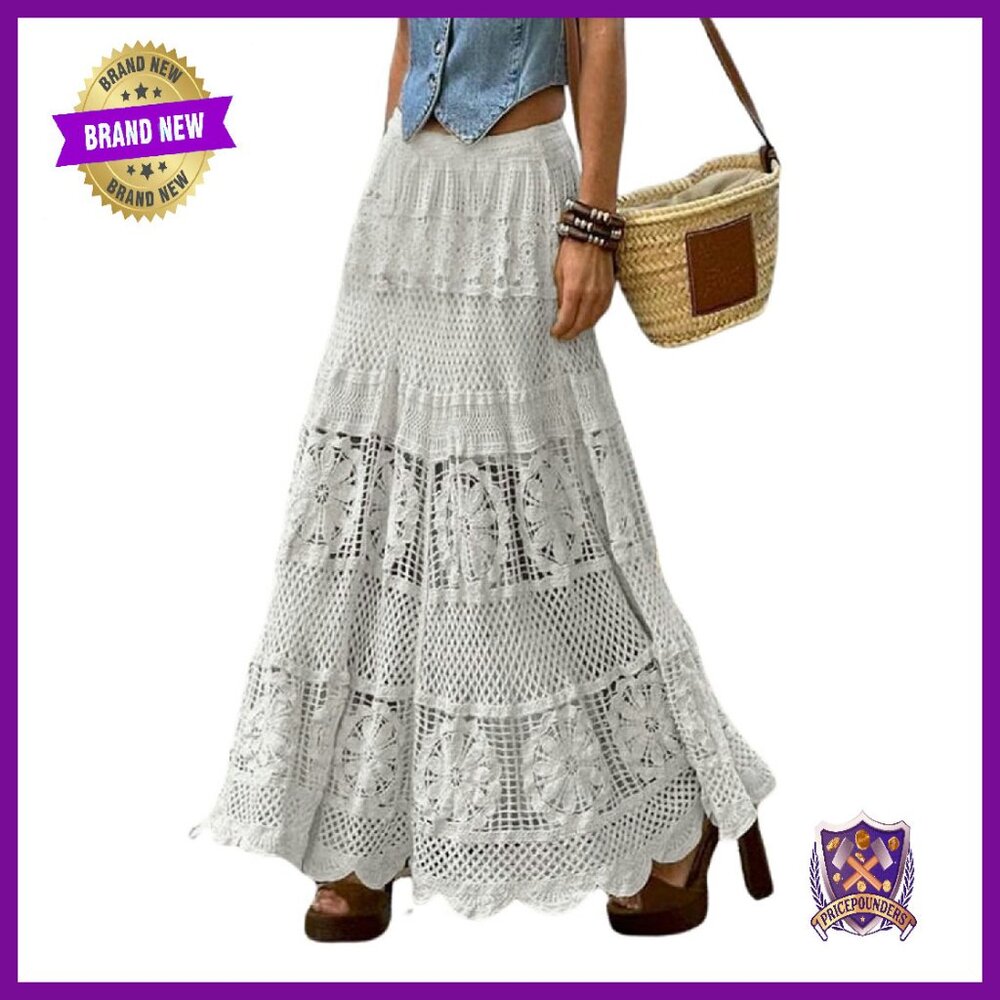 Western Floral Lace Crochet Maxi Boho Skirt A-Line Eyelet Hippie